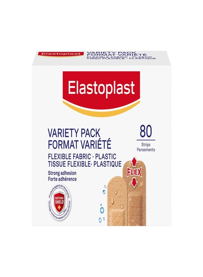 ELASTOPLAST Fabric and Plastic Adhesive Bandages Variety Pack (80 Strips), Flexible & Water-Resistant Bandage with All-Around Adhesion, Ideal for First Aid Kit (Imported from Canada) - Image 1